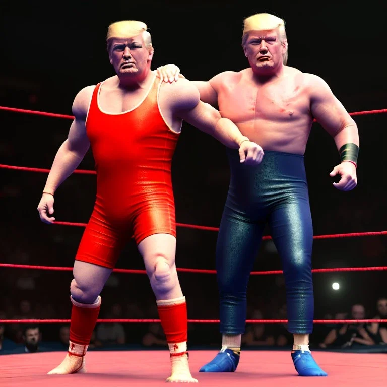 Wrestler Donald trump, dark, wrestling, sweat, blood, red breeches, stars, retro style, 80s, hot ambient, photo studio, smooth color, highly detailed, art stations, concept art, smooth, unreal engine 5, god rays, ray tracing, RTX, lumen lighting, ultra detail, volumetric lighting, 3d, finely drawn, high definition, high resolution.