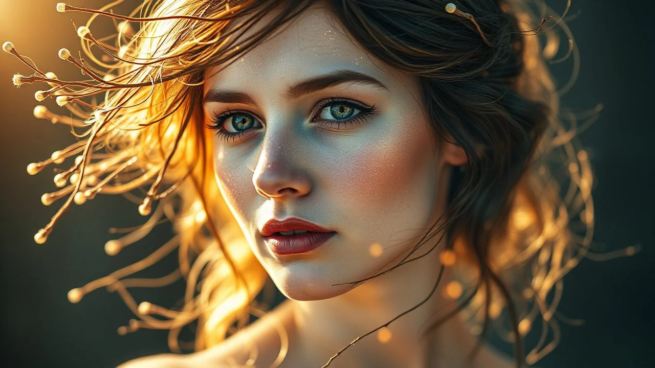 collage Portrait of a WOMAN made of magical objects, Loose hair continues in the form of branches, Double exposure, Nature, Gold and silver luminescent, fluffiness, Wind, multi-layered, Glow, Glare, Warm shades, Airiness, blending, textured, 3D, 8K, best quality, fine rendering, high detail, hyperrealism, high resolution, high definition, multi-layered, highest focus, hyper sharpness, hyperfocus,
