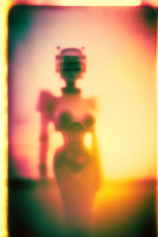 steampunk, vintage analog polaroid of a woman robot, female body, fog, lomography, heavy film grain, sunset, color bleed, depth of field, bokeh, retro