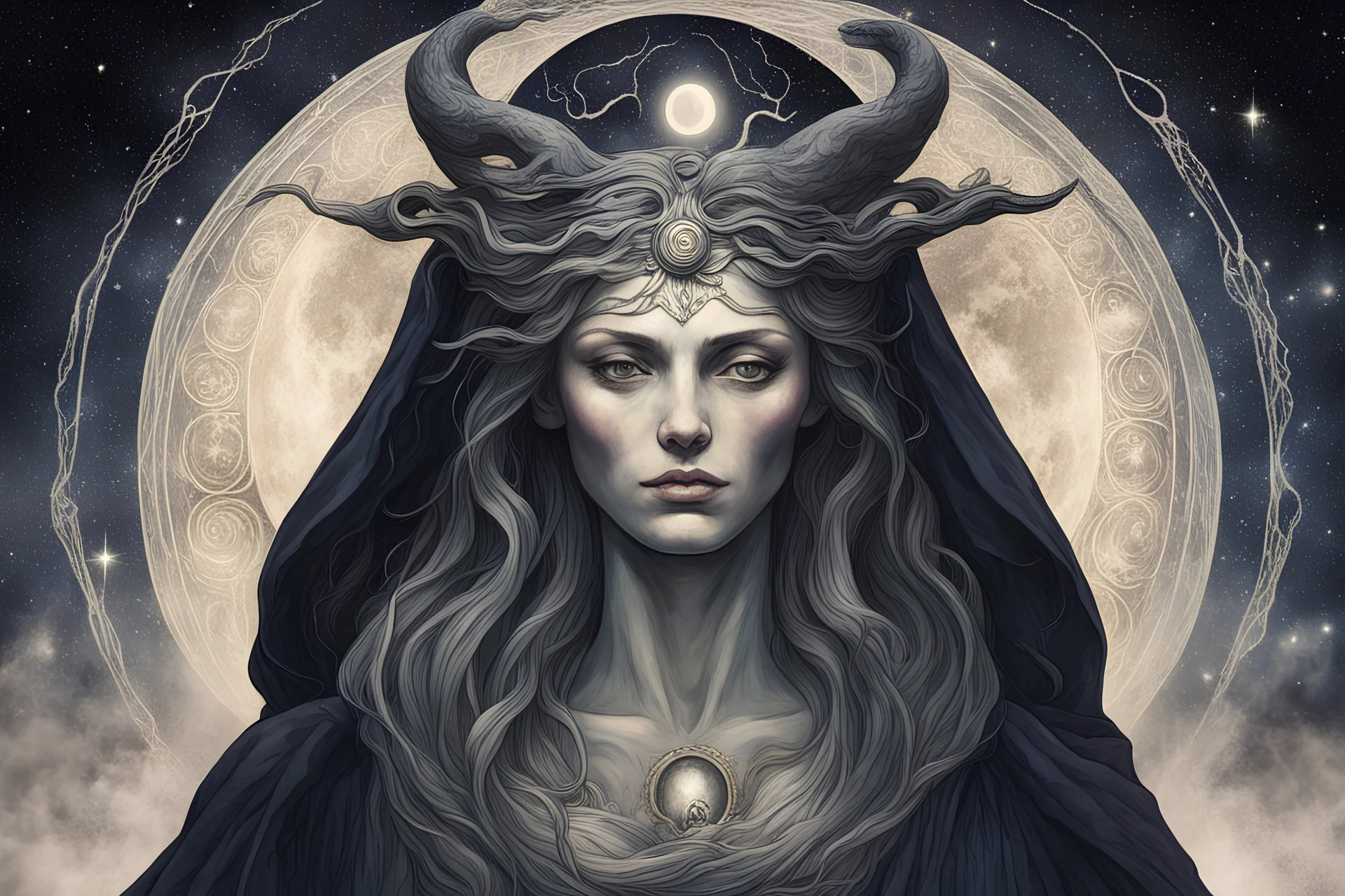 faça hecate como alma cosmica do universo com suas tres faces, donzela mãe e anciã