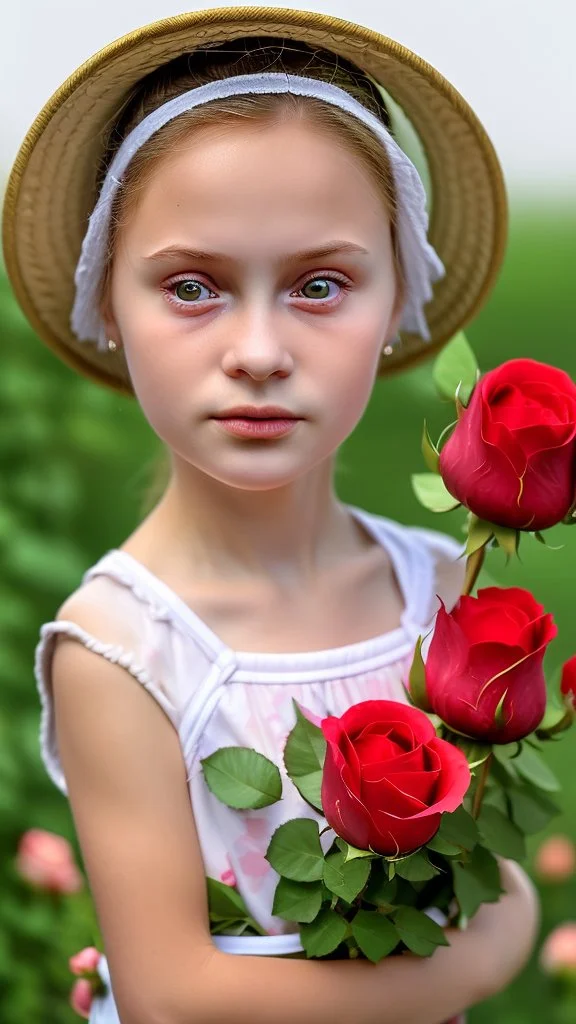 A 7-year-old little girl from Russia holds a lot of roses and puts them on her face, wears a plain white bucket hat, puts roses in front of her face so that her face is not visible, (many flowers: 1.2), soft light, golden hour, upper body, HDR, 8K, Natural Skin Texture, AO, Complex, Highly Detailed, Sharp Focus, Crazy Detail, Intricate Detail, Highly Detailed, The Girl Looked Down