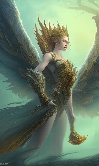 Female angel with beautiful perfect face big wings and golden crown floating above the ground in the dark enviroment, anatomically correct, michelangelo style, detailed, world of warcraft style, dark forest, trees, painting, brush strokes, 8k, dark forest in the background, epic scene, epic painting