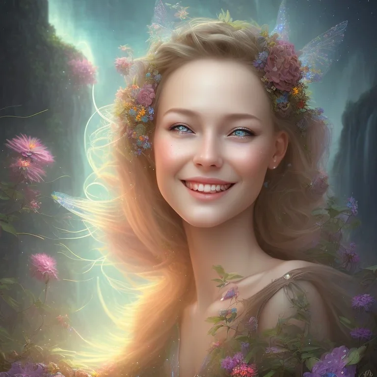 portrait de femme fée souriante, cascades, texture, qualité 8k, étoiles ,montagnes, nature, fleurs