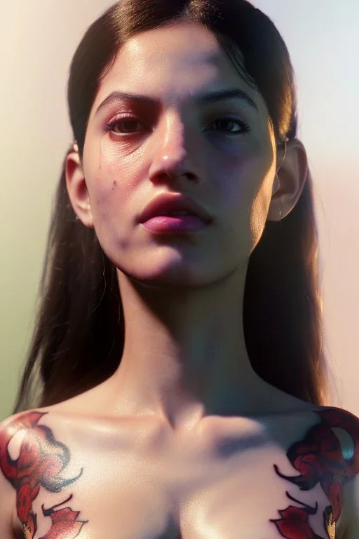 Ultra Realistic image, Rosalía artist, portrait, small complexion, natural small busty, traditional Japanese tattoo, jakuza style, vibrant color, highly detailed, art stations, concept art, smooth, unreal engine 5, god rays, ray tracing, RTX, lumen lighting, ultra detail, volumetric lighting.