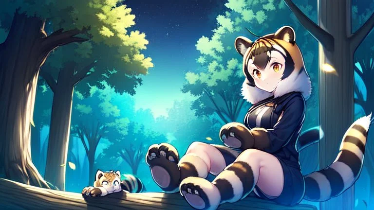 Two Girl, raccoon tail, raccoon ears, sit on tree, night time, forest, raccoon paws in foot,