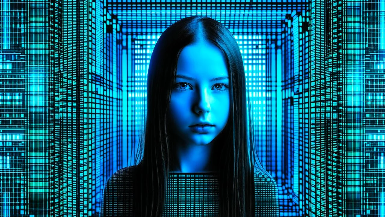 Tech-girl inside a digital blue matrix-grid.