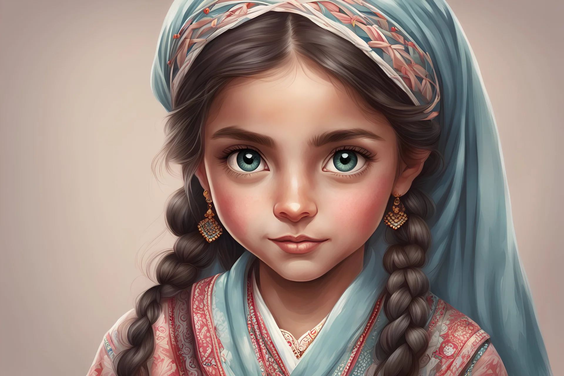 Craft a heartwarming digital portrait of a girl in traditional Pakistani clothing, showcasing her big grey eyes and a beautifully rendered long braid."