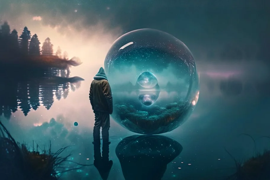 Person seeing a Magic sphere in the misty lagoon, that reflects galaxy