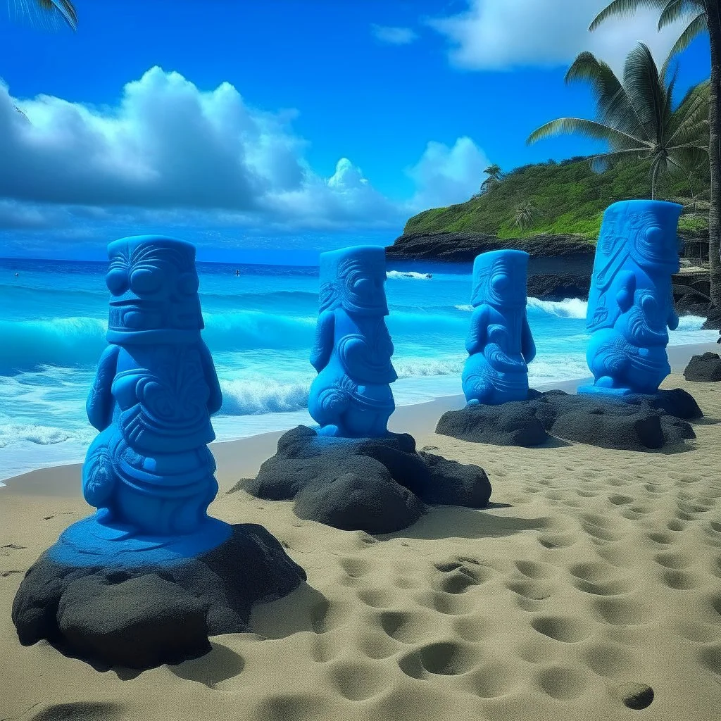 A blue gelatinous beach designed in Hawaiian tikis