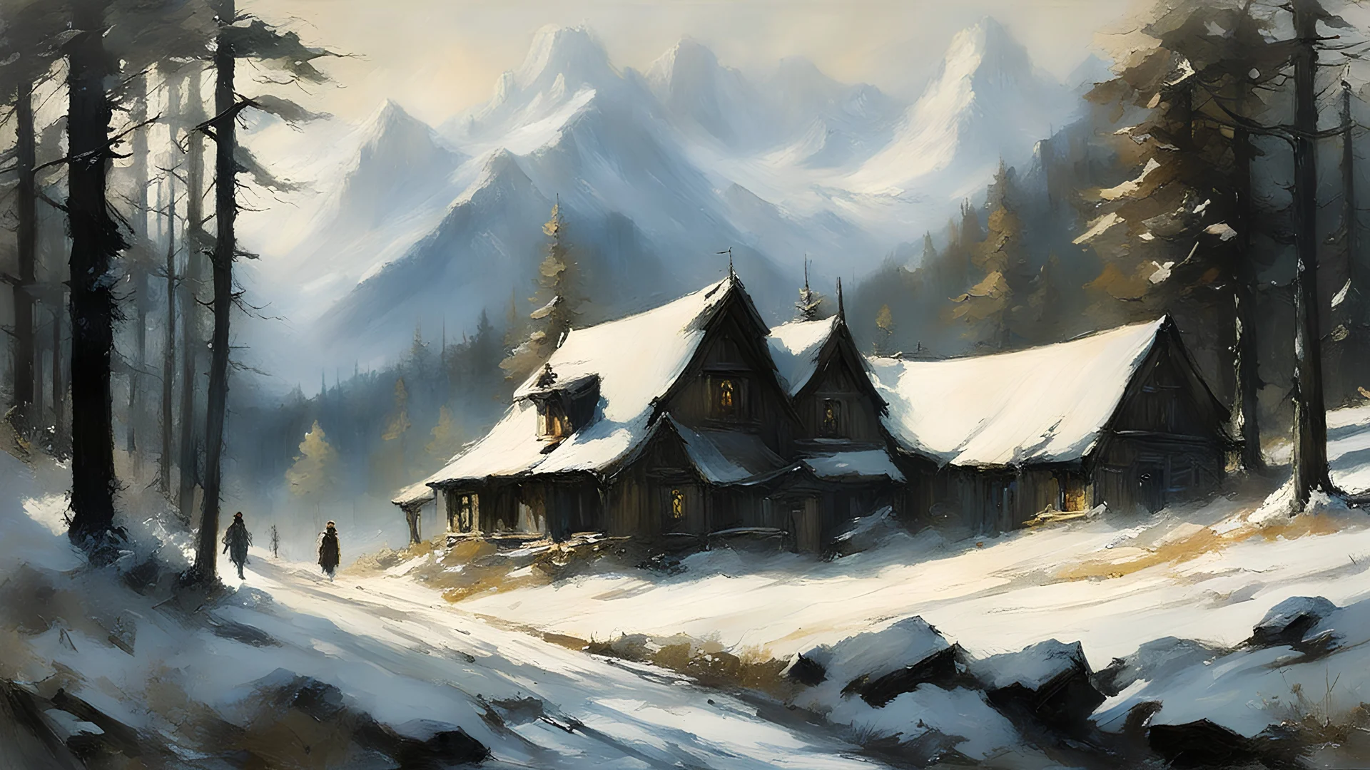 landscape painting of a homestead, nordic elven adventurers, cozy valley, broadleaf forest, ferrotype defects, style of (Jeremy Mann, Louis Icart, Valentin Serov, Makoto Kobayashi, Karol Bak)