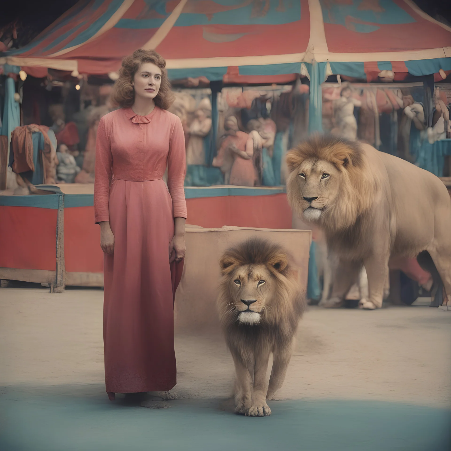A woman , with a lion, at the circus, 1960s, autochrome, pink, red orange, blue