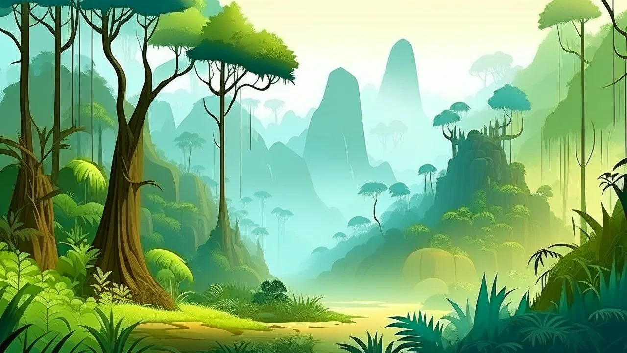 Cartoon illustration for children: Cenozoic rainforest full of mist, millions of years ago, with prehistoric trees, a volcano