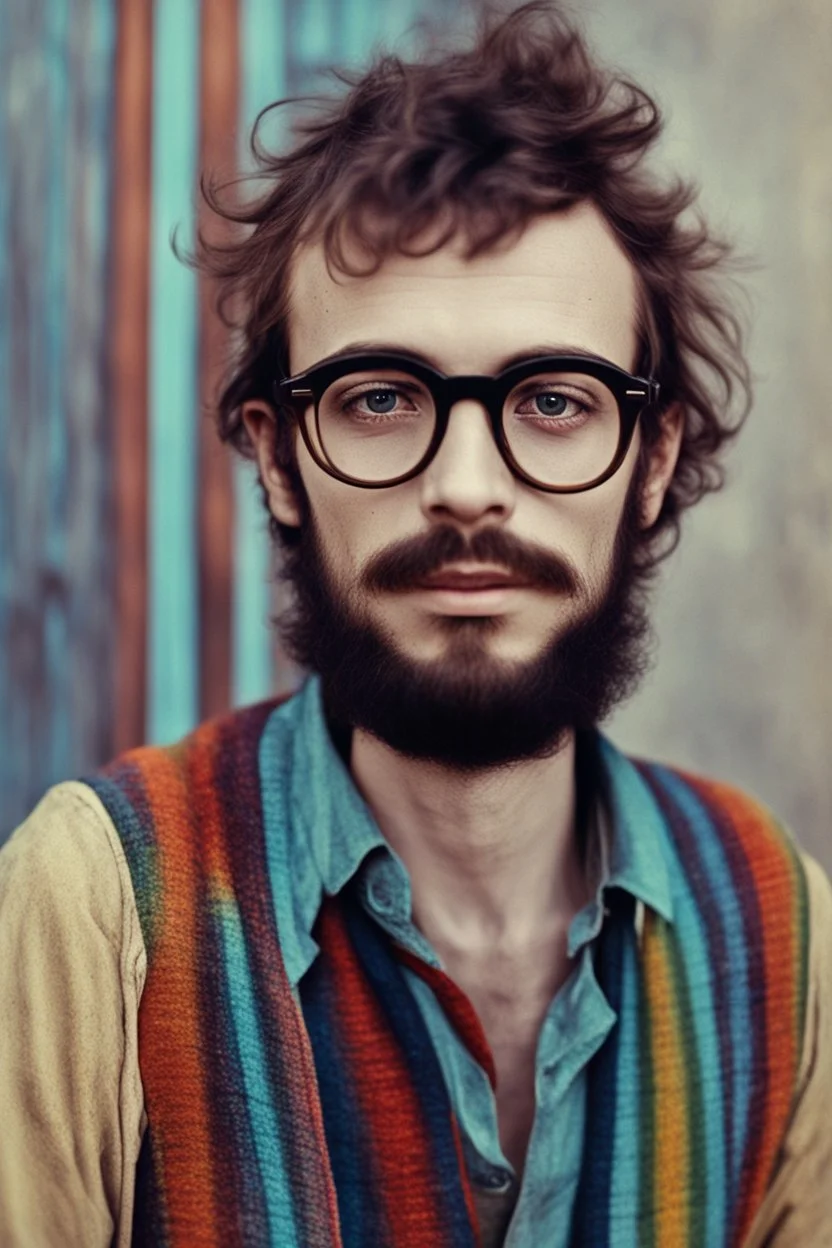 bohemian young ugly man with Parisian bohemian look and glasses of colours and poor and short short short and poor hair on the head with receding hairline. Farsightedness glasses with big eyes. Long beard. Vintage look and feel like photo styleof the 70s