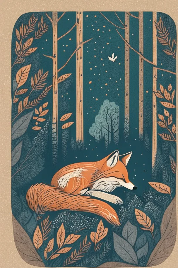 in a cosy vintage style, a fox sleeps in a forest