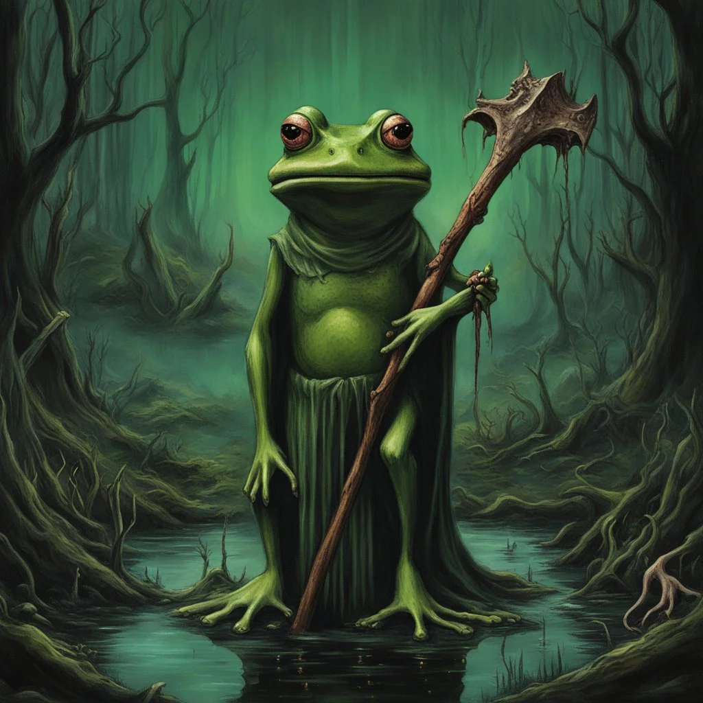 "FROG MALLET" death metal album cover aesthetic, digital illustration mixed media movie still, dark portal with anthropomorphic frog god monster, mystical mallet bludgeoning from necromancy, beautiful green witch, surreal horror, creepy fantastical bayou swamp background, grand, Clive Barker "Nightbreed" movie aesthetic, profound, sinister, dramatic, surreal