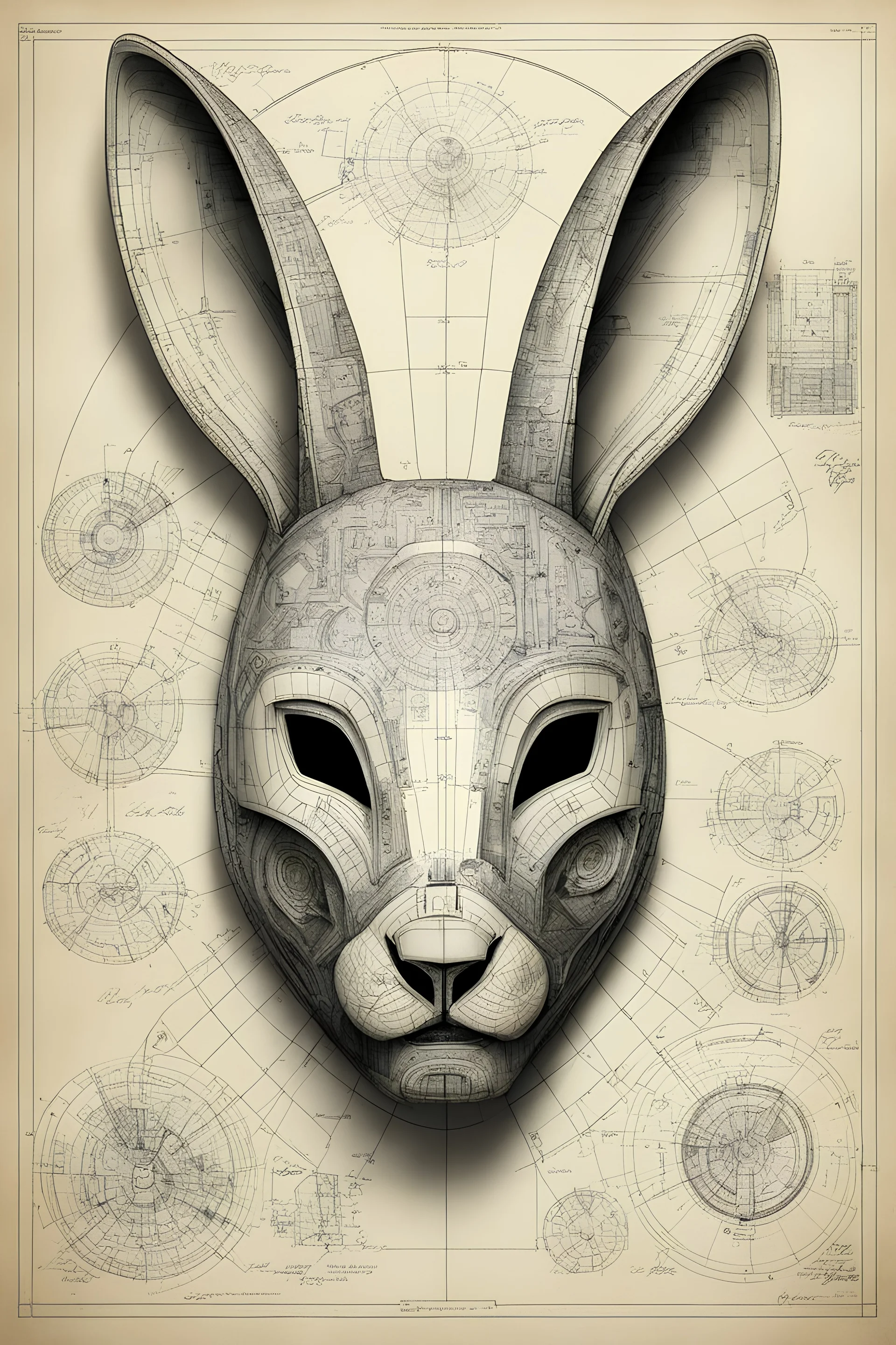 Hand drawn, art by Wayne Reynolds , Daren Bader and Tom Tenery, old paper with detailed schematics of a cyber rabbit mask, detailed drawings, cross section, concept sheet sketch, 8k