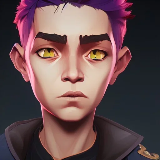 Portrait of a 9 year old warlock boy with tricky eyes Nick Harris style