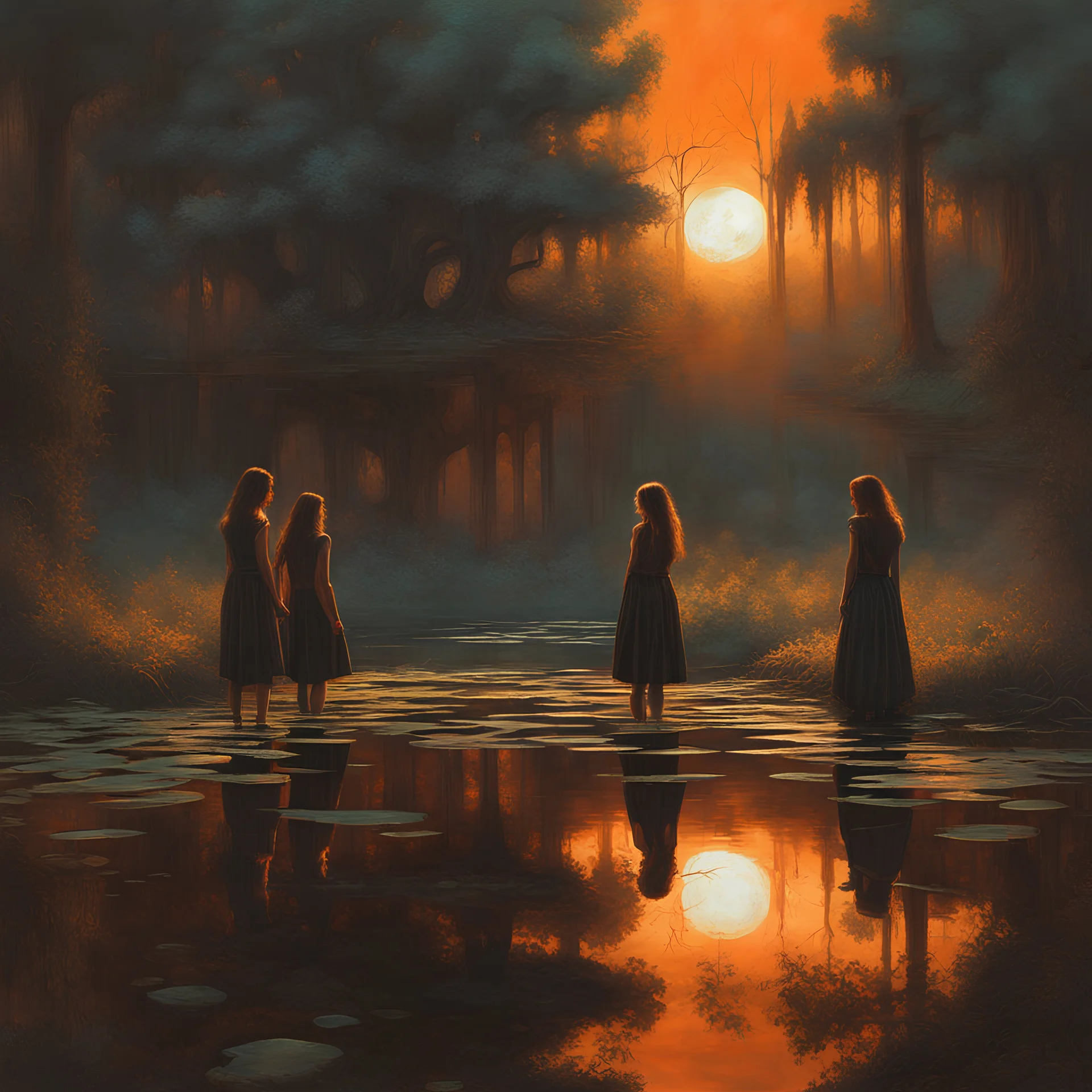 Girls kneeling on bank of surreal pond stare at their reflections in the rippling pond stretch outward in macabre horrifying ways, by Craig Mullins, dark horror surrealism, detailed ink illustration, eerie mirror reflections, dynamic lighting, sharp colors, smooth perfect picture, uncanny valley.