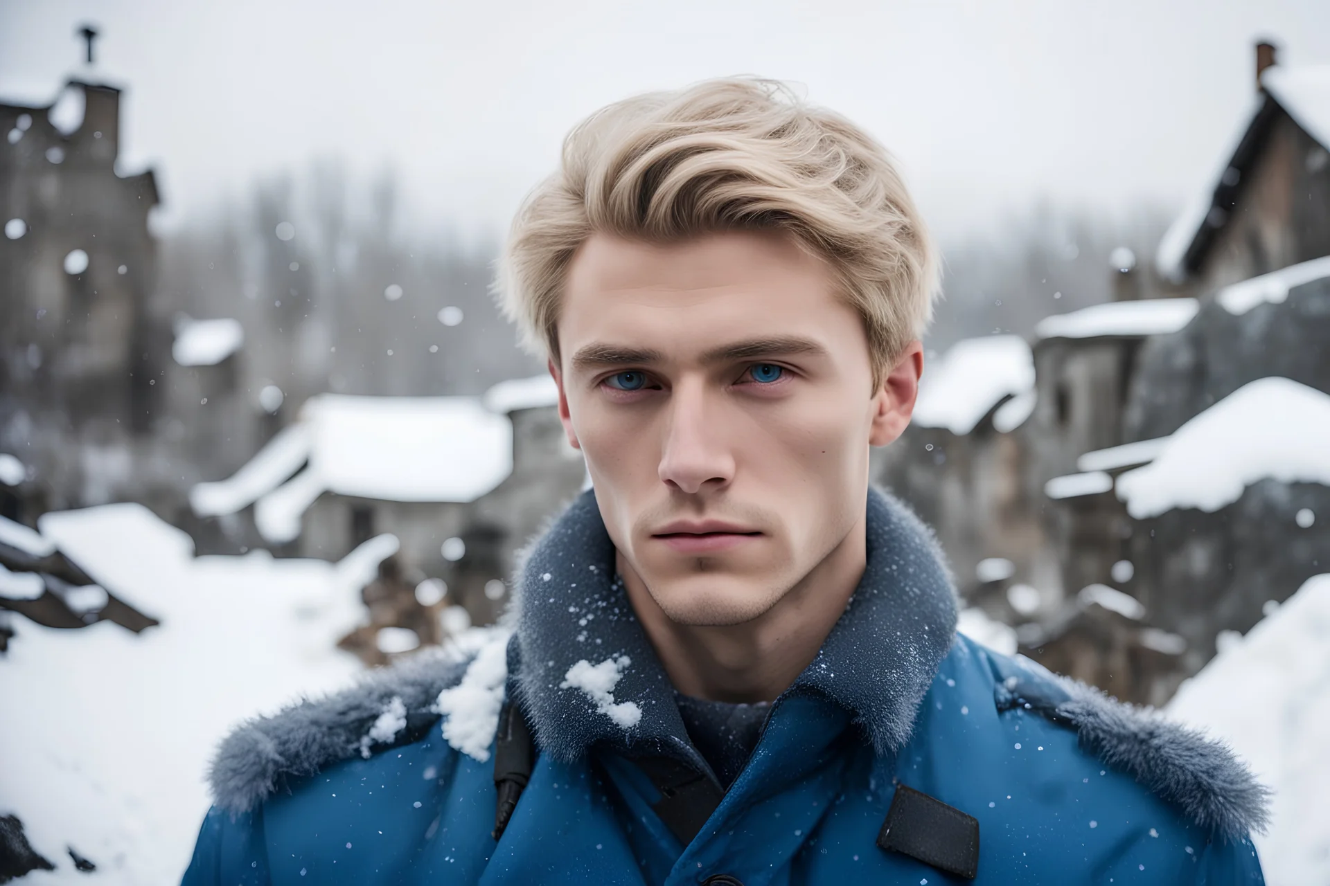 a Russian young man with handsome features and blonde hair, he is wearing a blue millitary uniform, he is standing in the snow on gray rocks, it is winter and snowflakes are falling, there is a destroyed village in the background