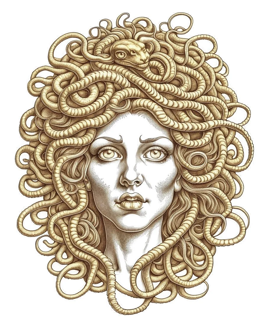 Medusa's petrifying gaze., realistis tatto sketch style, white background, profesional tatto sketch