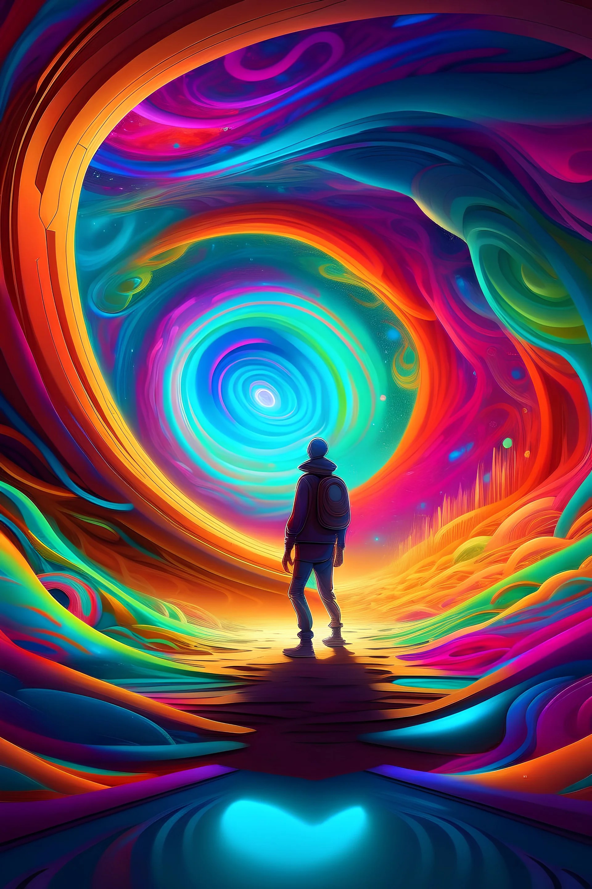 "A character steps through a portal into another universe, depicted as a vibrant swirl filled with lively colors and pulsating energy. The backdrop features surreal, dreamlike landscapes—wild, psychedelic, abstract, and digitally infused. It encompasses elements of conceptual art, fluidity, clear focal points, exuding vibrancy, radiance, and neon lights. An illustration."