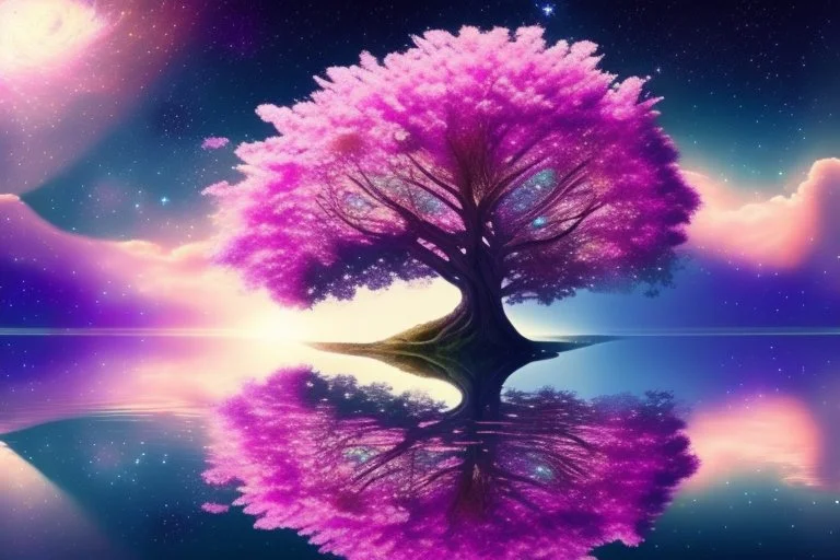 tree near the flowers, water reflection, galaxy, cosmos, science fiction, epic scene.