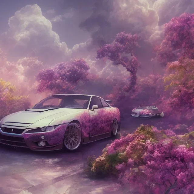 Mitsubishi, dans un nuage de fleur, concept art, réaliste, synthwave