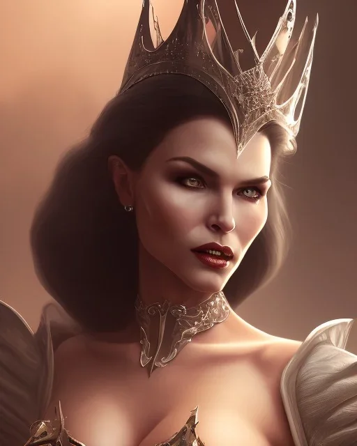 old evil queen in black leather gown, femme fatale, volouptous, busty, cleavage, angry, emperious, 8k resolution concept art portrait by Greg Rutkowski,