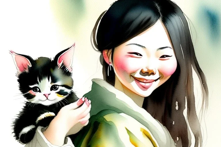 A cute smiling Chinese girl is holding a kitten. Watercolour