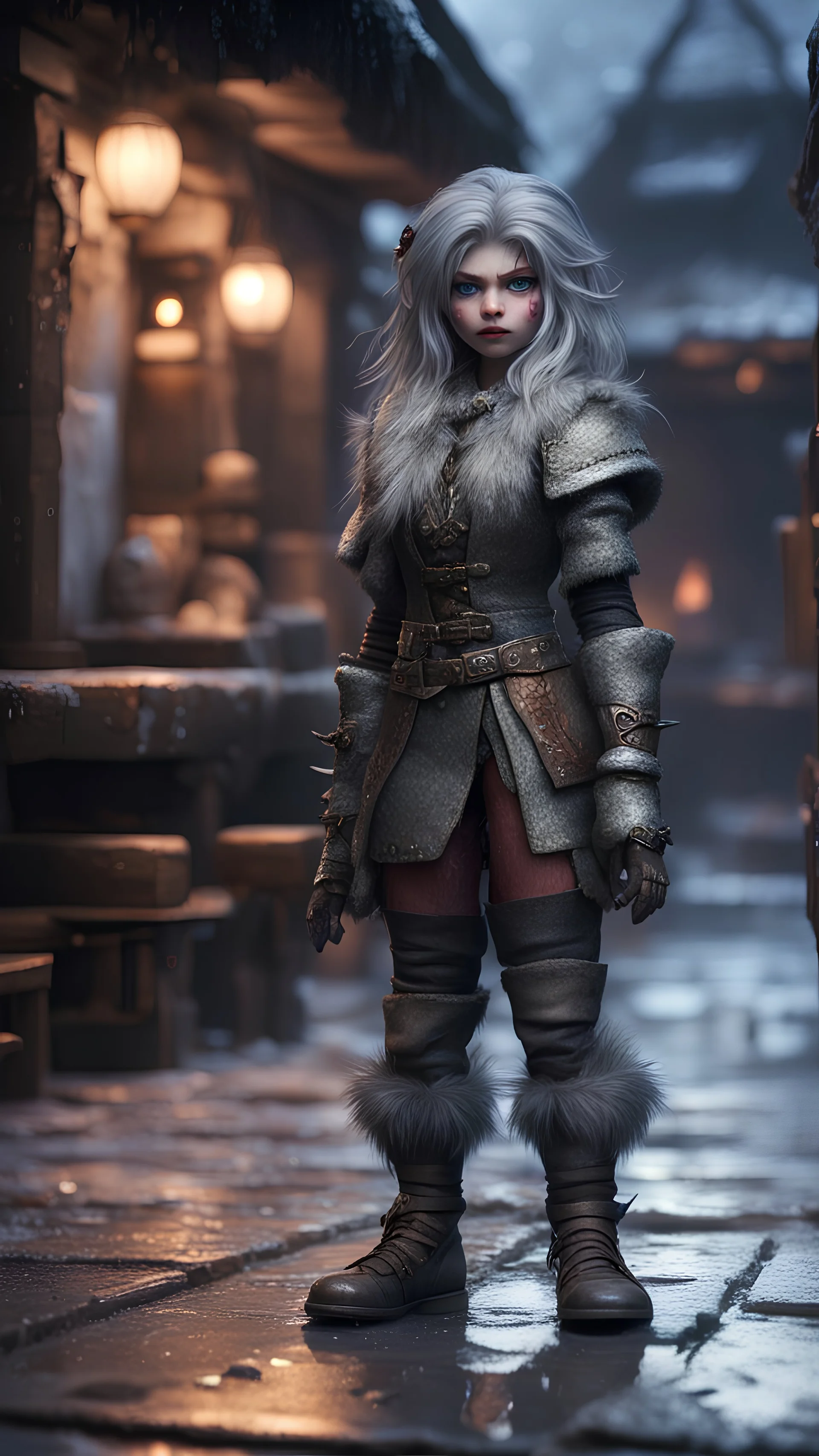 Damascus steel , ducks mane,moon, fluffy boots, full figure with metallic stone gauntlets holding dark jagged dagger, standing on frozen wet tiled floor outside fantasy tavern, focused female brownie vampire gnome from worms armageddon wearing makeup, bokeh like f/0.8, tilt-shift lens 8k, high detail, smooth render, down-light, unreal engine, prize winning