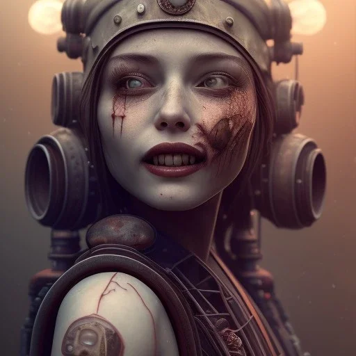 a cute smiling girl with her mother, red tattoo in the face, steam punk, scary, horror, realistic, made in octane, cinematic, movie, CGI, ultra-realistic, extremely detailed octane rendering, 8K, VRAY Super Real ar 2:3, dof photorealistic futuristic 50mm lens hard lighting dark gray tintype photograph, realistic lighting, sephia colors