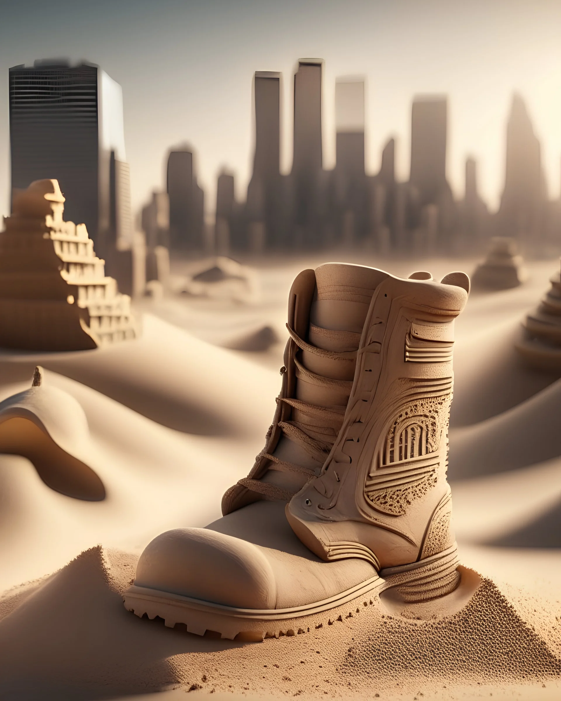 photoreal gorgeous boot in the shape of a city made from sand sculpture by lee jeffries, 8k, high detail, smooth render, unreal engine 5, cinema 4d, HDR, dust effect, vivid colors