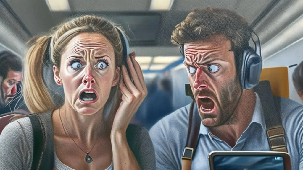 photorealistic man with woman on phone upset being put on the NO FLY list