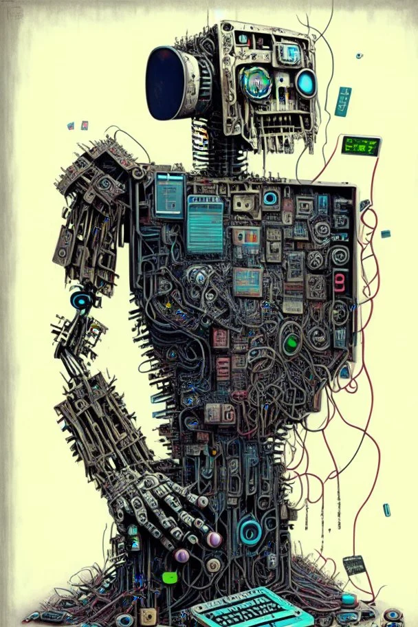 Artwork entitled "words violate guidelines"; depicts a robot composed of old computer and electronic parts starting back up and emitting vibration; lowbrow; old-school 1990's electronics; neo-surrealism.