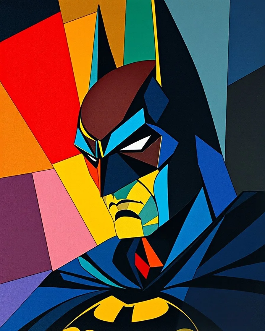 Batman's cubist masterpiece, full of vibrant colors, straight and bold lines. Batman is crafted from geometric shapes, with an interplay of light and shadow, creating fascinating depth and detail. It combines primary and secondary colors, achieving a harmonious balance between simplicity and sophistication. Inspired by painting, photography, illustration, architecture, dark fantasy and ukiyo-e