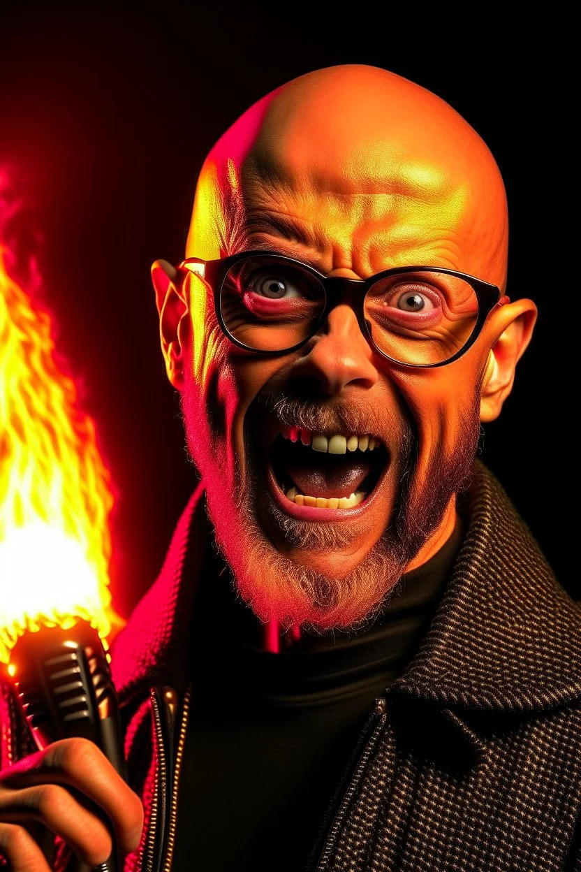 Firestarter animateur radio hardrock with a microphone. He has no hair. He has a thin beard. He has glasses. He's about 50 years. Seems angry. Flames all around him. He wears a sweat shirt of iron maiden.