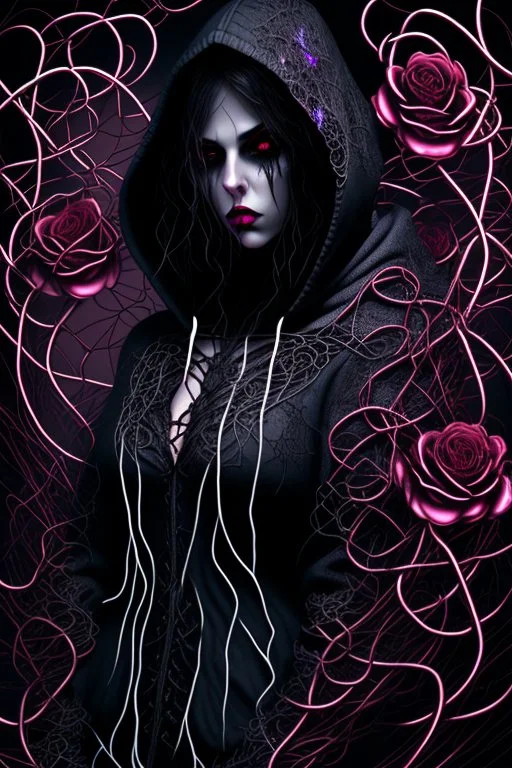 a beautiful and mysterious gothic woman entangled in wire and roses, hoody, dark and gothic lighting, ultra realistic and highly detailed, explosive background, epic, striking messy art style, cracked sealant surface and heavy textures , extremely beautiful