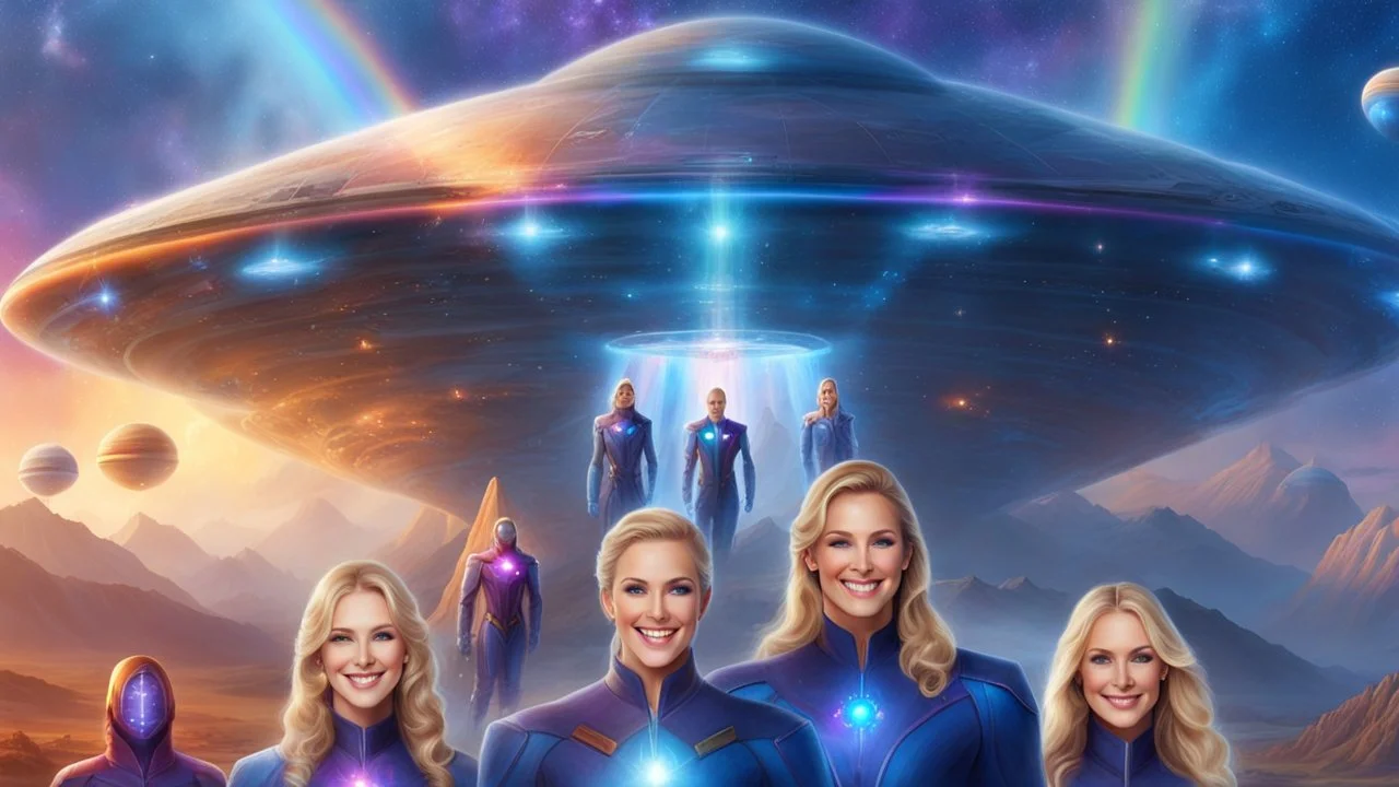 ufos rainbows,beautifuls paysages, fantastic colours,cosmic woman ,beautiful ufos rainbow, admiral from the future, galactic confédération, fine whole face, crystalline skin, expressive purple eyes,rainbow, smiling lips, very nice smile, costume pleiadian, Beautiful tall woman pleiadian Galactic commander, ship, perfect datailed golden galactic suit, high rank, long blond hair, hand whit five perfect detailed finger, amazing big puple eyes, mouth, high définition lips, cosmic happiness, bright