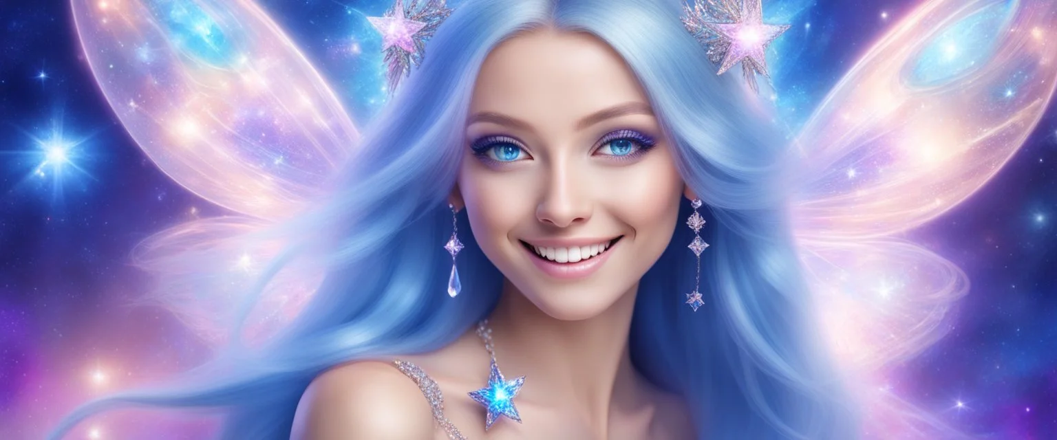 entire face and head of a beautiful bright fairy cosmic women with cosmic long straight hair, crystal jewel and dressed with a magic crystal suit. she has light make up and a sweety smile. she has a magic bright ray over the head