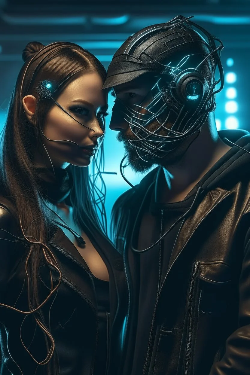 a handsome cyberpunk man wearing a mask connected by wires with a beautiful cyberpunk woman