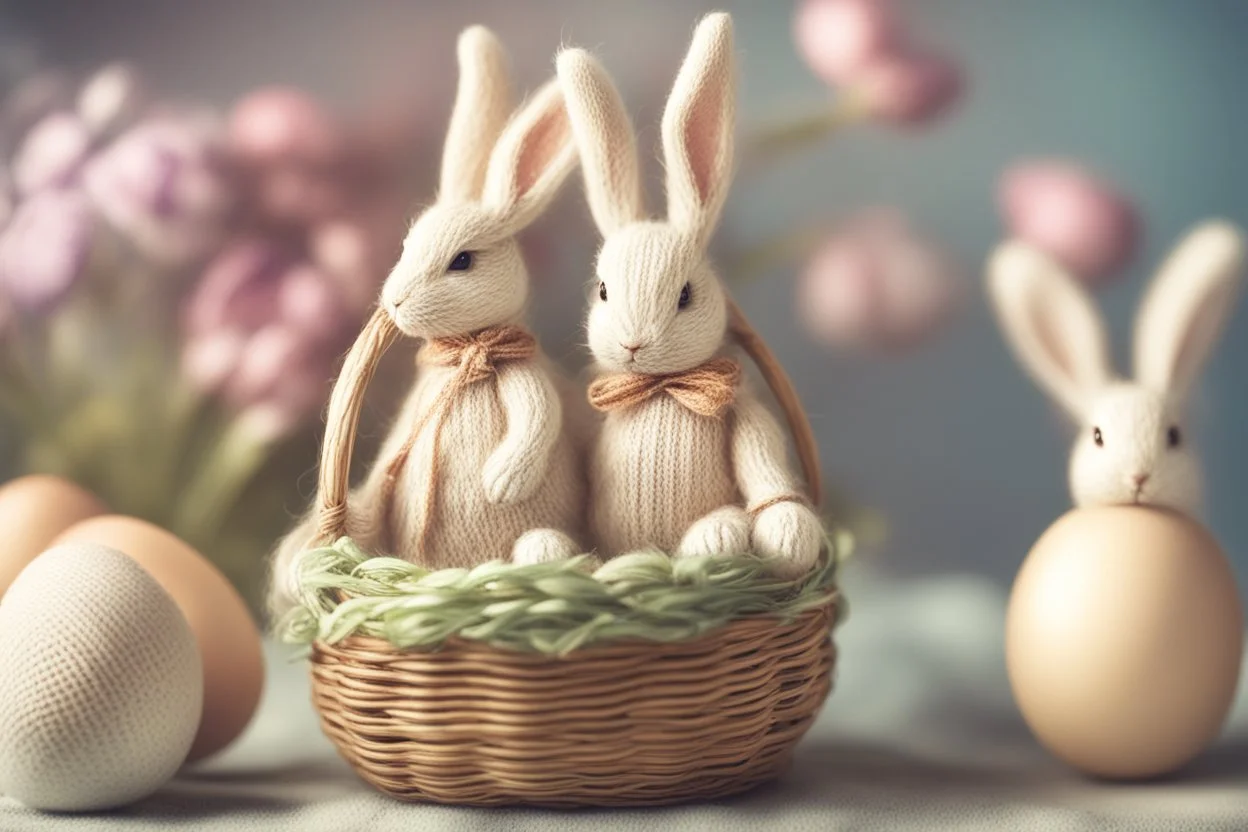 photorealistic image, browned, faded, last century style photograph with knitted and embroidered rabbits, painted Easter eggs in basket, flowers, in sunlight, edges of image appear burnt, ethereal, cinematic postprocessing, bokeh, dof