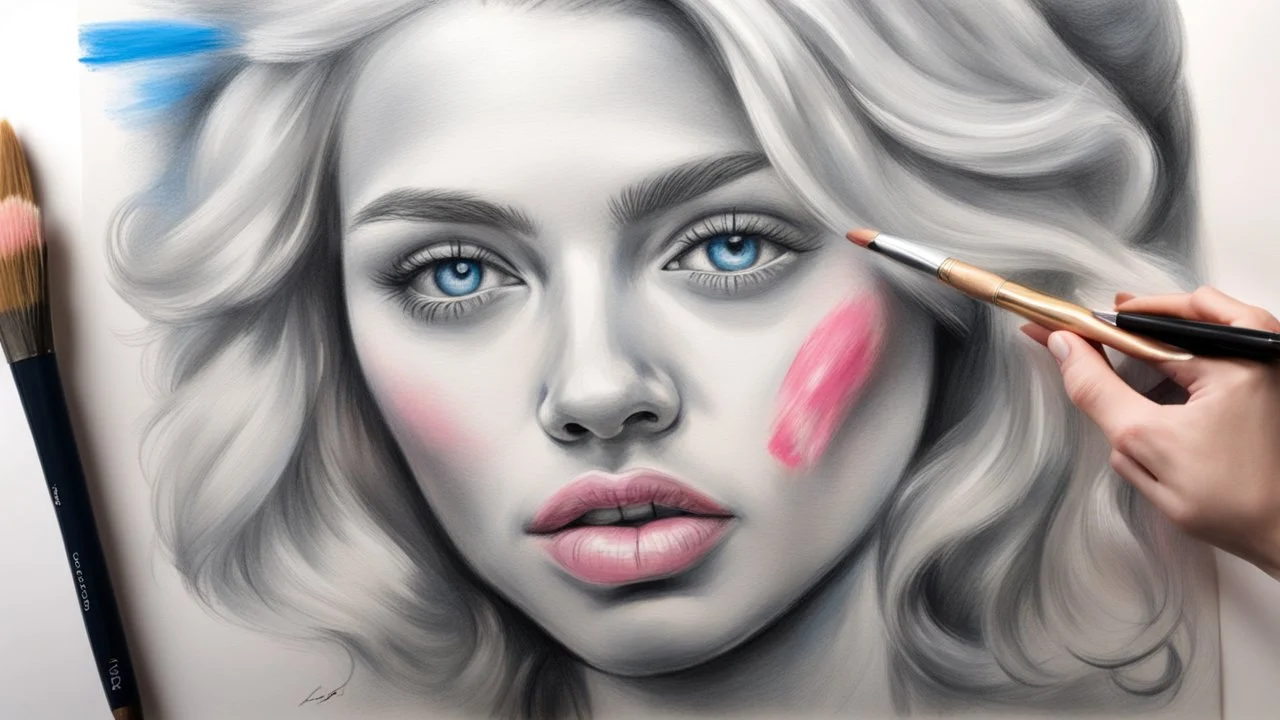 street artist draws a portrait of a blonde woman, charcoal, pencil, pink lips, blue eyes, fine drawing, hand with a brush