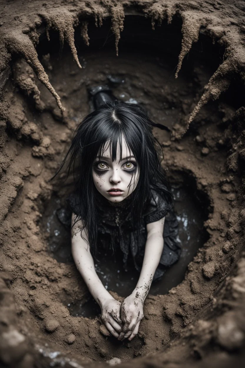 Closeup petit Girl goth with big eyes, fullbody, ragged clothes, extended like roots, the perspective looking up from the bottom of an empty well , midle underwater and mud 8k,macro photography,