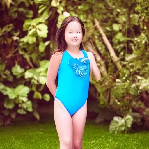 7 year old girl in blue swimsuit and shoes