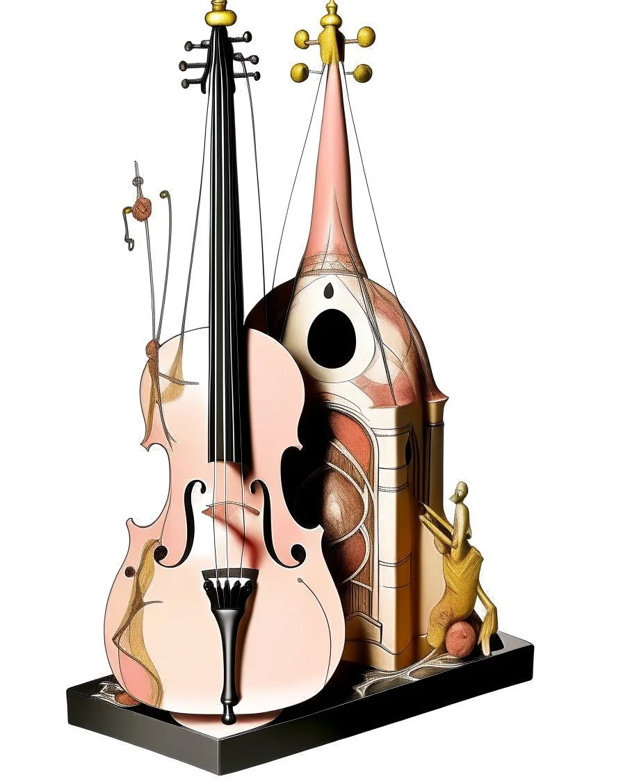 A pinkish tan steeple with string family instruments painted by Salvador Dali