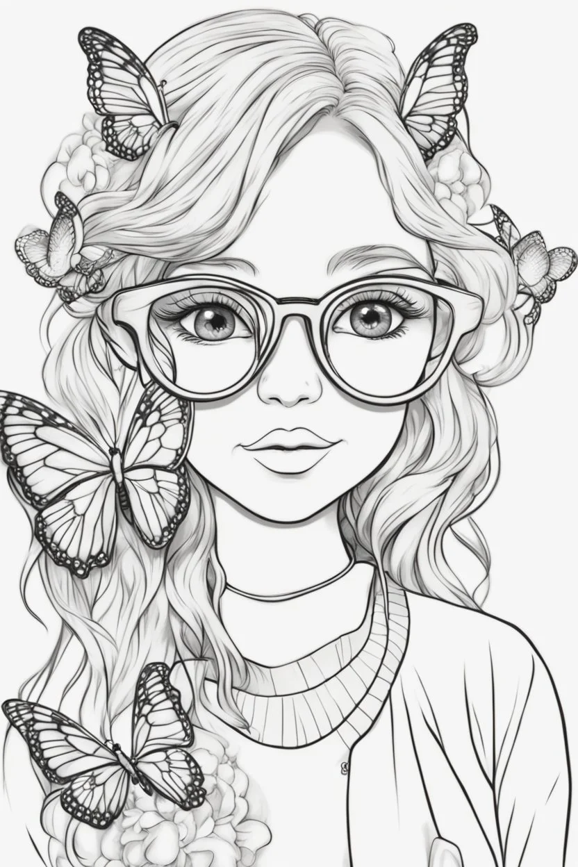 Outline art for cute coloring pages with butterfly with glasses, full body, white background, sketch style, only use outline, clean line art, no shadows and clear and well outlined.