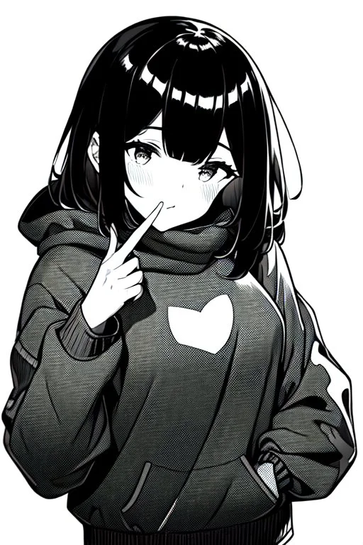 girl dressed in a loose sweatshirt and with one hand resting on her heart, line arts, greyscale