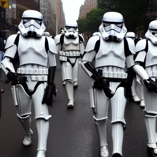 galactic empire stormtroopers marching fighting NYPD, 2020s New York City, rainy day