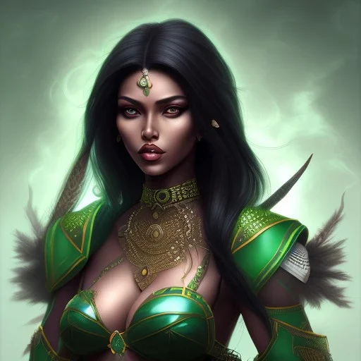 fantasy setting, dark-skinned woman, dark skin, indian, green and black hair