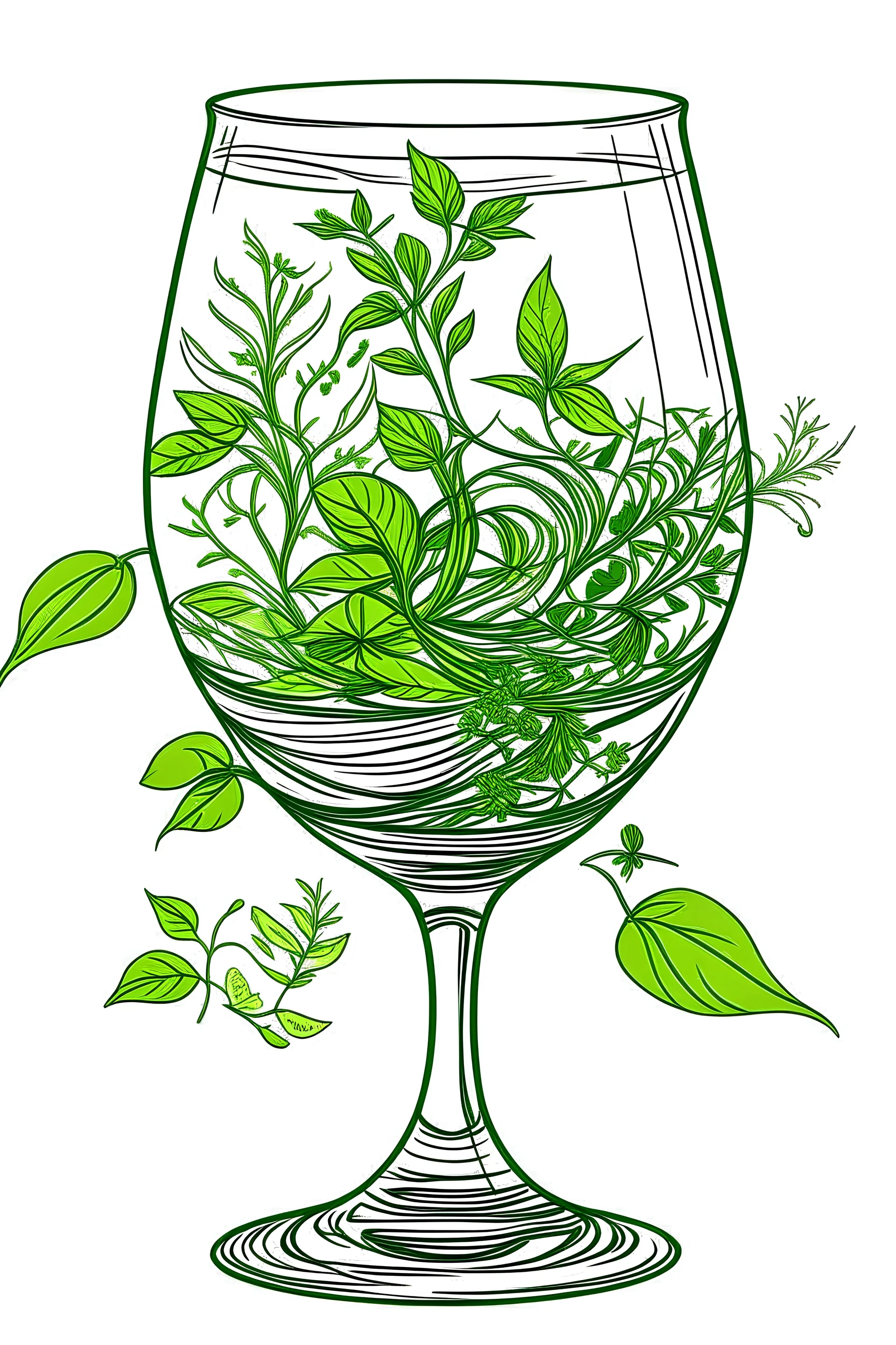 line art of lush greenery that vines up a cocktail glass on one side and from the base of the glass